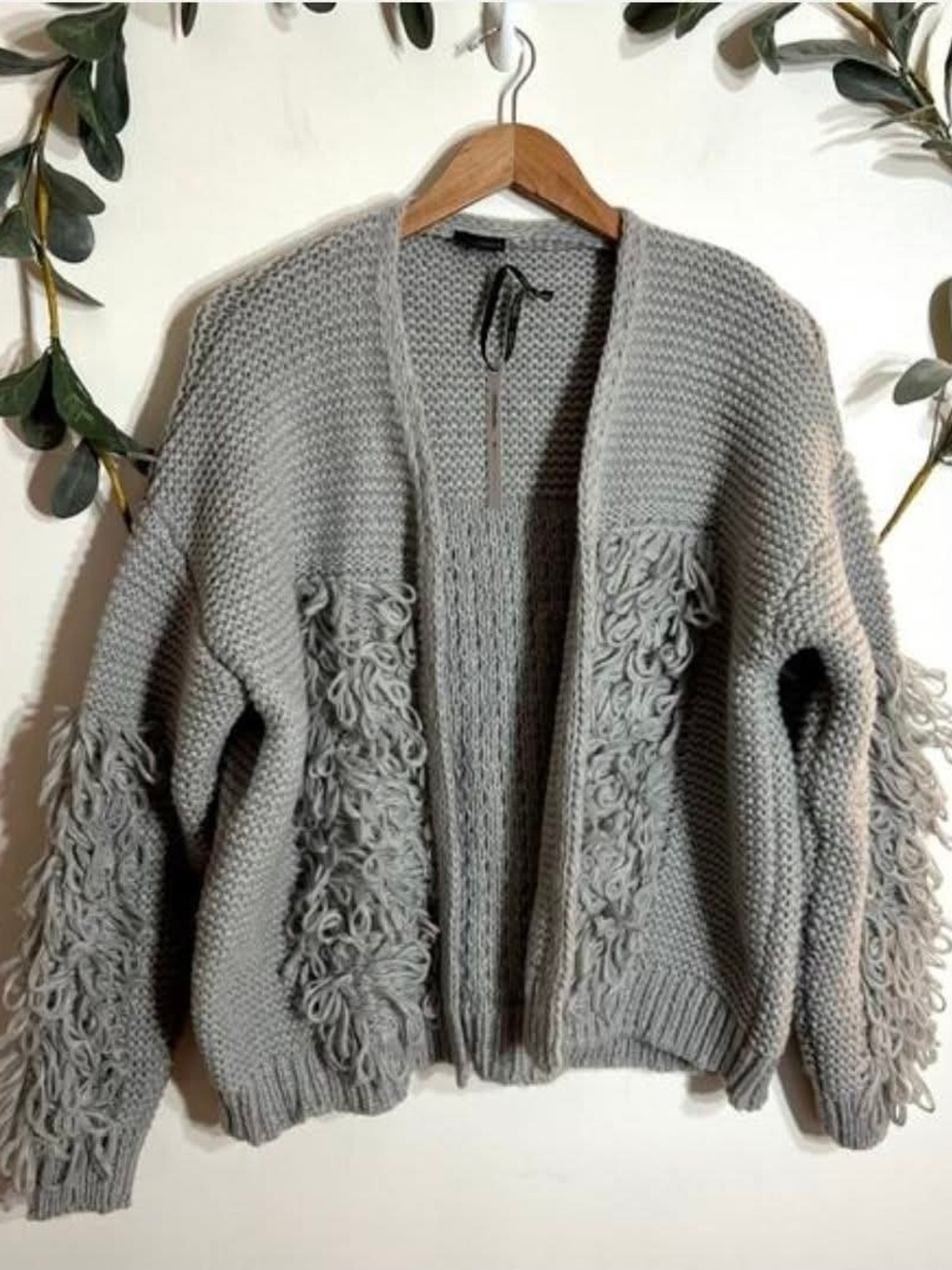 Coco and Carmen size S/M Chunky Gray Fringe Knit Cardigan Sweater